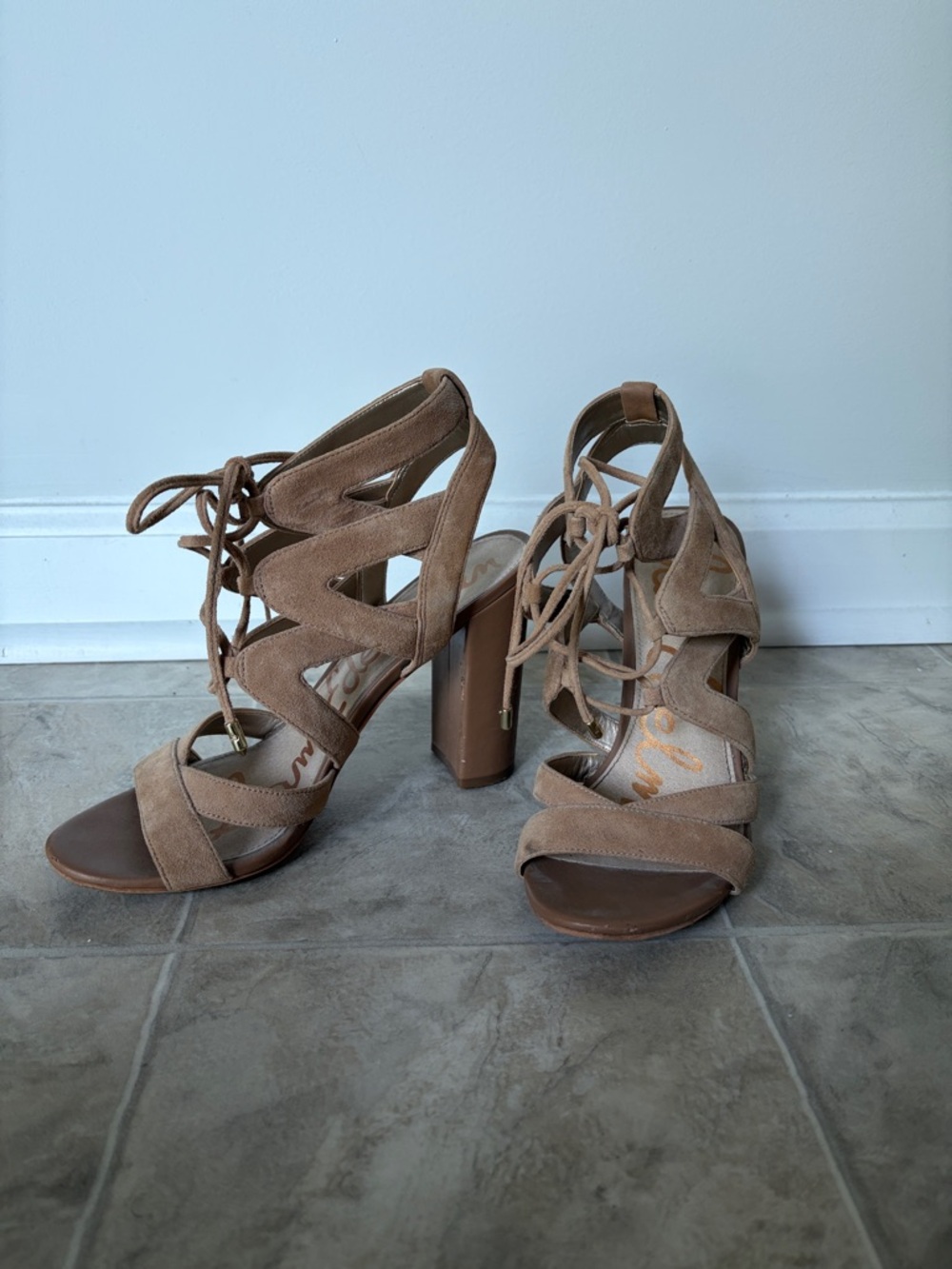Sam Edelman Tan Suede Lace-Up Block Heels